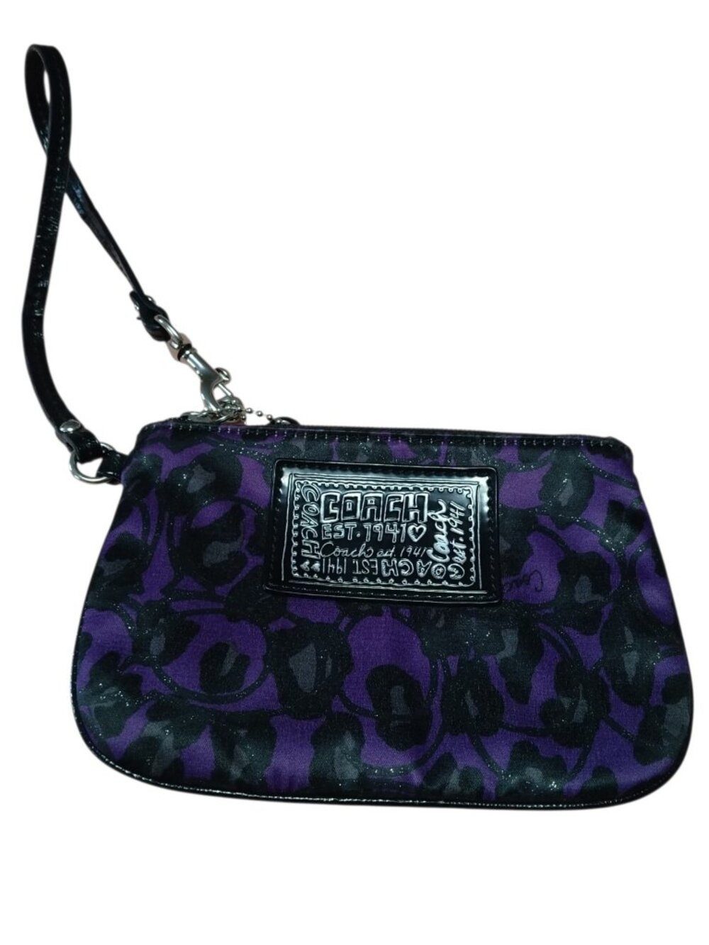 Coach Poppy Purple Black Patent Leather Nylon Floral Ocelot Wristlet Wallet